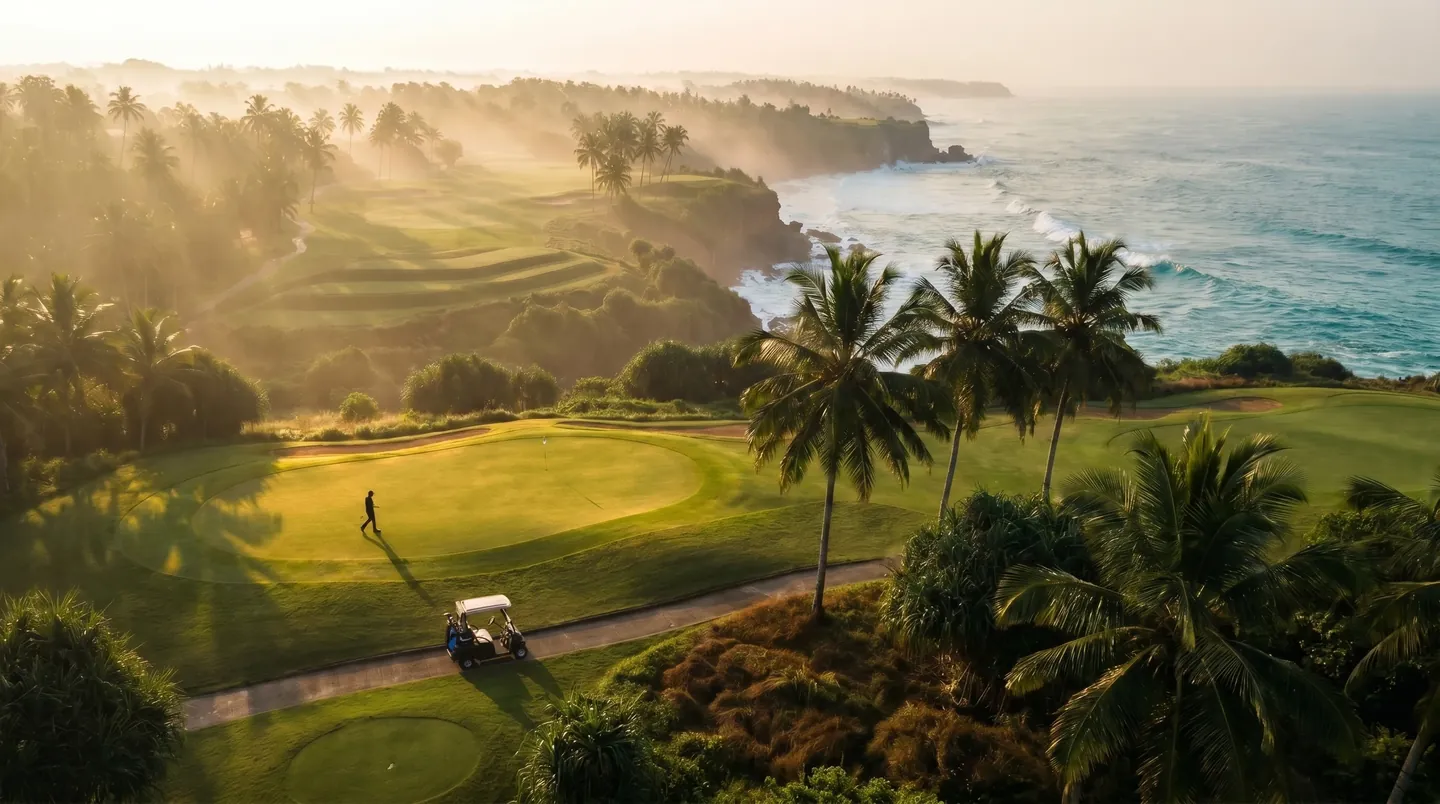 Aerial view of a lush Sri Lankan golf course with palm trees and ocean coastline